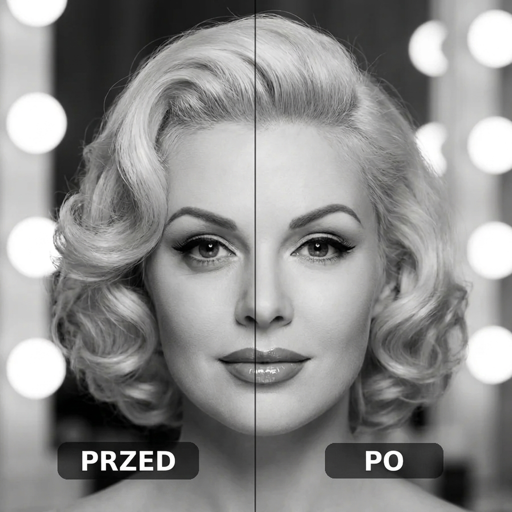 Czarno-białe zdjęcie przed i po — skóra pod oczami w stylu lat 50.